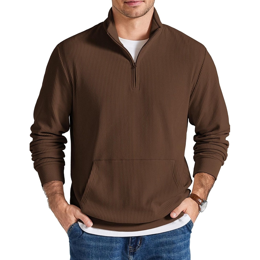 image:imageCOOFANDY Men Quarter Zip Pullover Mock Neck Long Sleeve Corduroy SweatshirtBrown