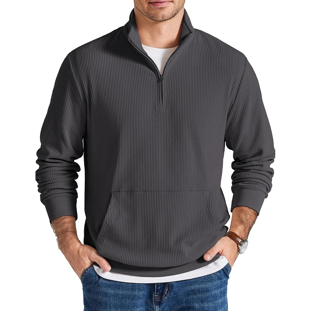 image:imageCOOFANDY Men Quarter Zip Pullover Mock Neck Long Sleeve Corduroy SweatshirtDark Grey