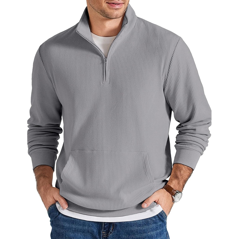image:imageCOOFANDY Men Quarter Zip Pullover Mock Neck Long Sleeve Corduroy SweatshirtGrey