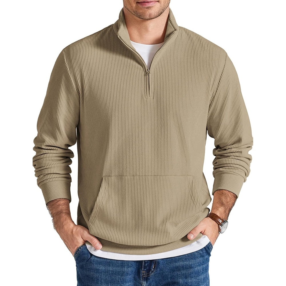 image:imageCOOFANDY Men Quarter Zip Pullover Mock Neck Long Sleeve Corduroy SweatshirtKhaki