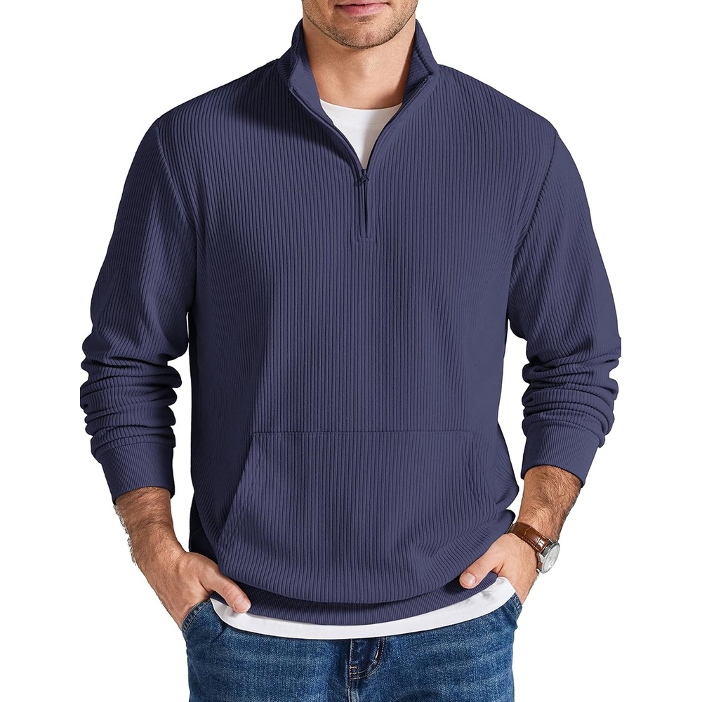 image:imageCOOFANDY Men Quarter Zip Pullover Mock Neck Long Sleeve Corduroy SweatshirtNavy Blue