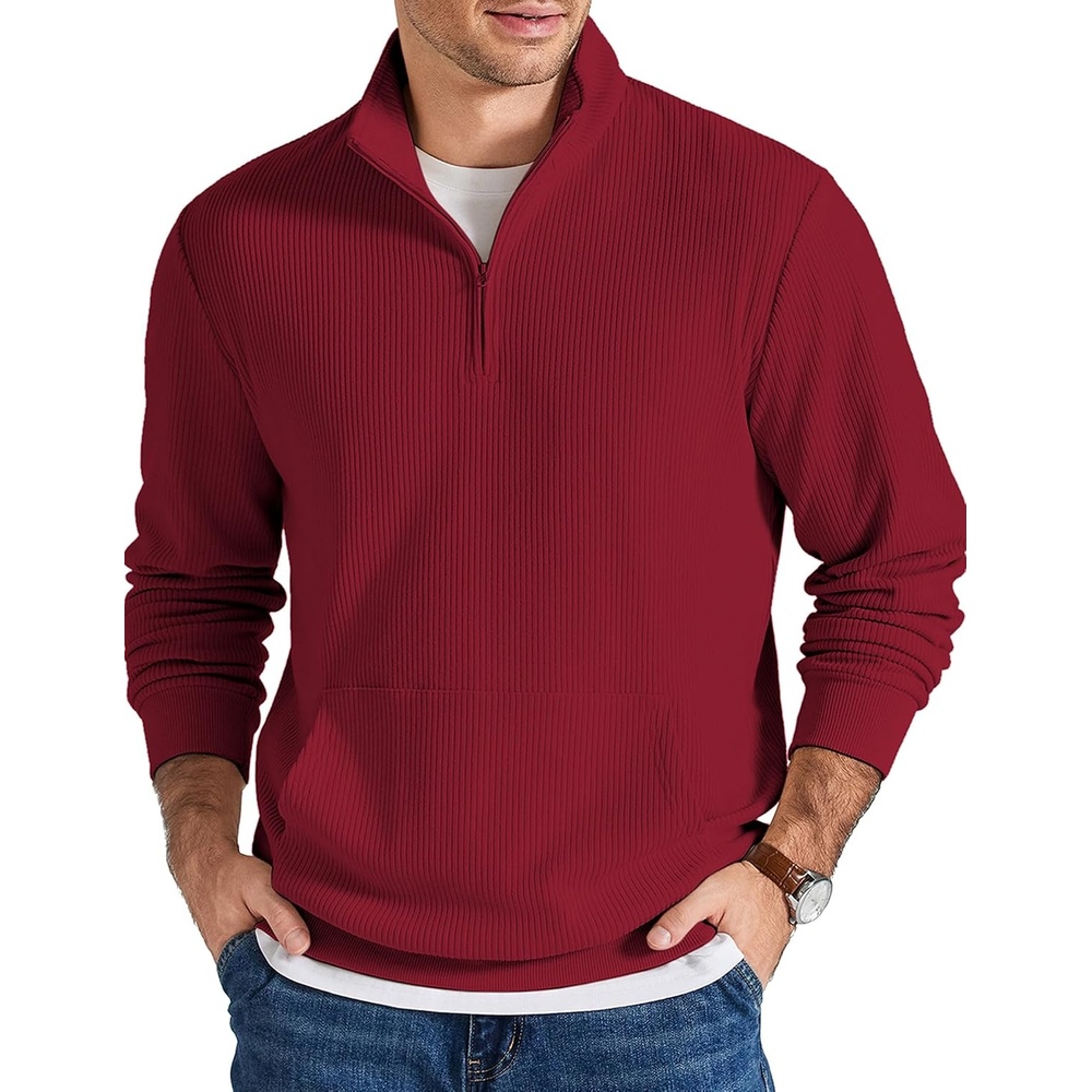 image:imageCOOFANDY Men Quarter Zip Pullover Mock Neck Long Sleeve Corduroy SweatshirtWine Red