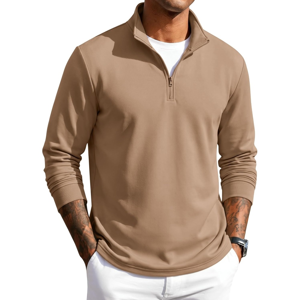 image:imageCOOFANDY Men Quarter Zip Pullover Sweatshirts Long Sleeve Mock Neck SweaterKhaki