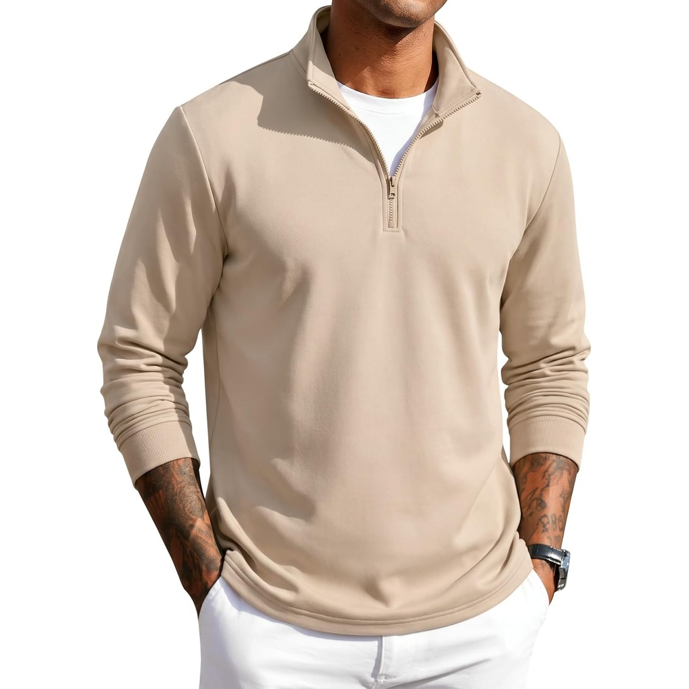 image:imageCOOFANDY Men Quarter Zip Pullover Sweatshirts Long Sleeve Mock Neck SweaterLight Khaki