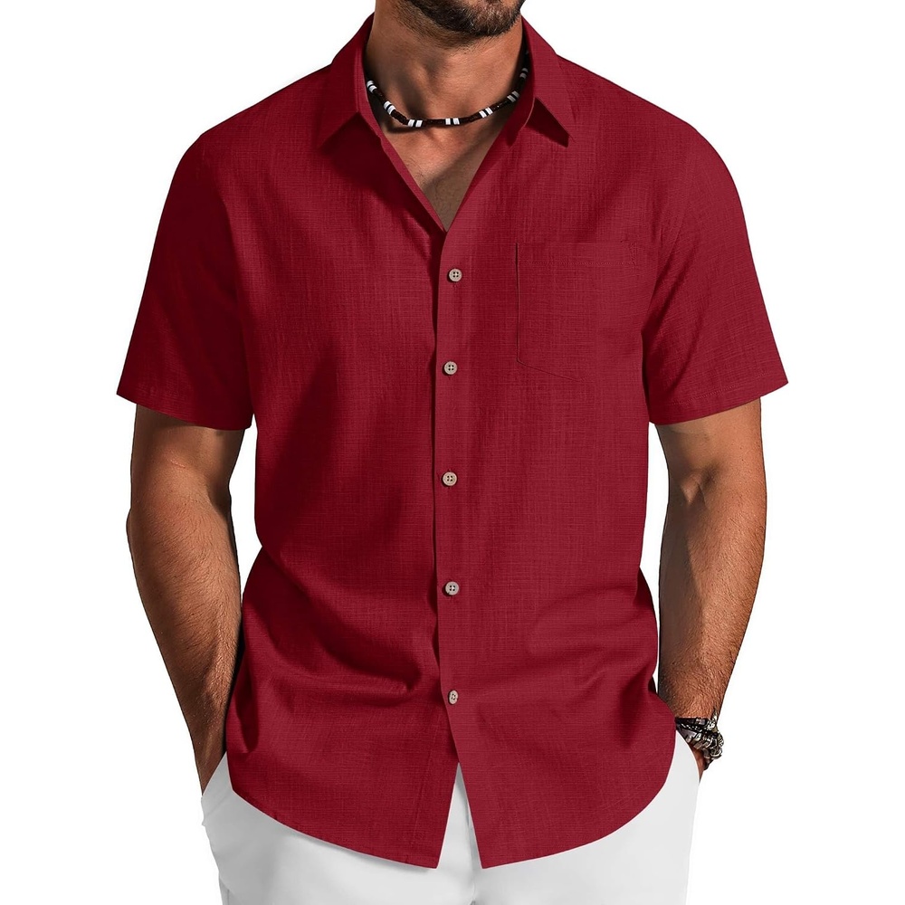 image:imageCOOFANDY Mens Button Down Shirt Short Sleeve Cotton Casual Summer Shirts Beach Vacation Linen Shirts for MenRed