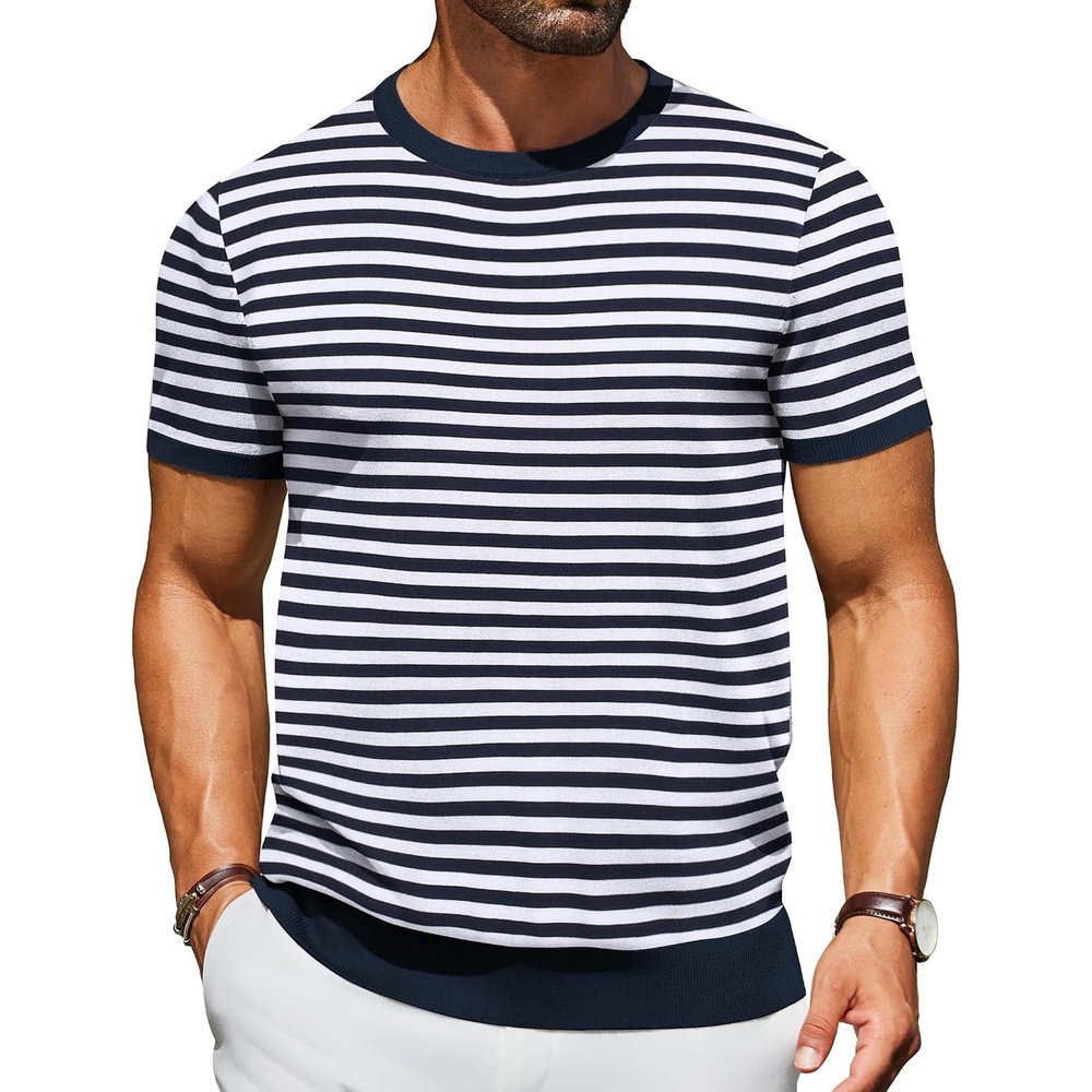 image:imageCOOFANDY Mens Casual TShirts Short Sleeve Crewneck Pullover Knit TeeStripe Navy