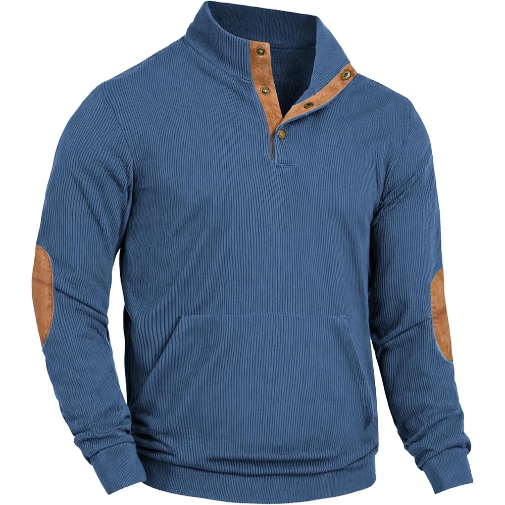 image:imageCOOFANDY Mens Corduroy Sweatshirt Long Sleeve Pullover Quarter Button Fall Sweat ShirtsGrey Blue