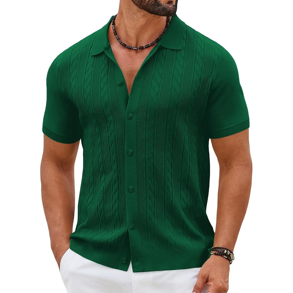 image:imageCOOFANDY Mens Knit Button Down Shirts Short Sleeve Polo Shirt Casual Vintage Summer Beach ShirtsGreen