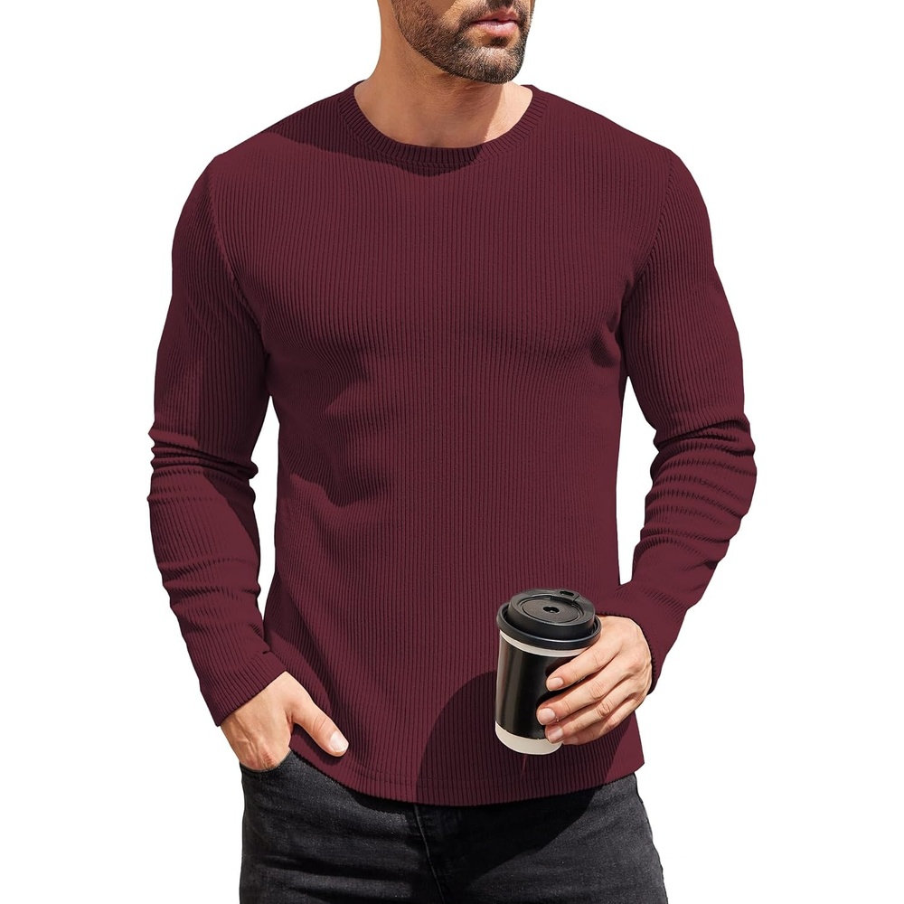 image:imageCOOFANDY Mens Long Sleeve Shirts Thermal TShirt Slim Fit Crewneck Sweater Knitted Pullover ShirtDeep Red