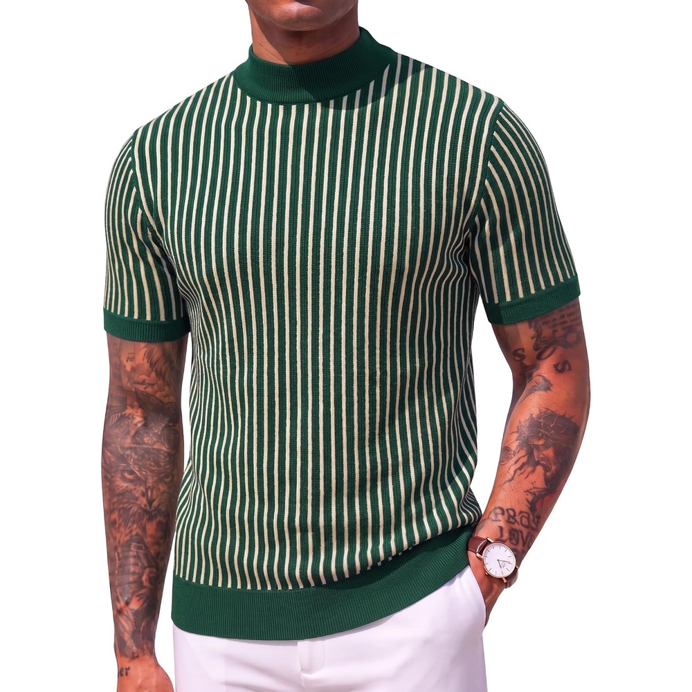 image:imageCOOFANDY Mens Mock Turtleneck Sweater Short Sleeve Casual Basic Tops Ribbed Knit Pullover Solid Tee02 Striped  Black