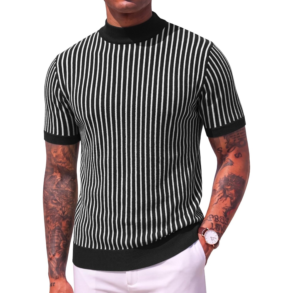 image:imageCOOFANDY Mens Mock Turtleneck Sweater Short Sleeve Casual Basic Tops Ribbed Knit Pullover Solid Tee02 Striped  Green