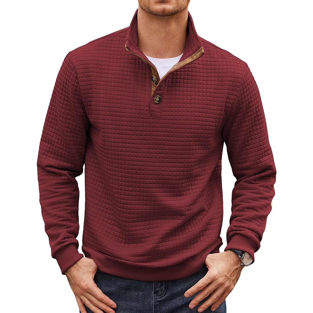 image:imageCOOFANDY Mens Quarter Button Sweatshirt Long Sleeve Pullover Waffle Casual Stand Collar SweaterWine Red