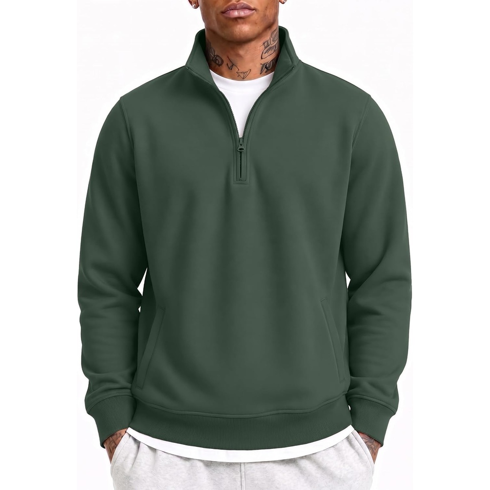 image:imageCOOFANDY Mens Quarter Zip Pullover Casual Cotton FleeceLined SweatshirtArmy Green