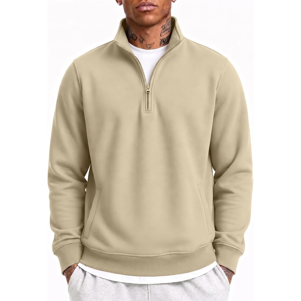 image:imageCOOFANDY Mens Quarter Zip Pullover Casual Cotton FleeceLined SweatshirtLight Khaki