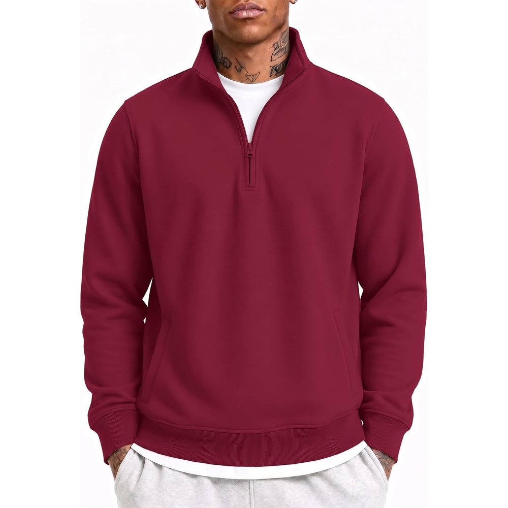 image:imageCOOFANDY Mens Quarter Zip Pullover Casual Cotton FleeceLined SweatshirtWine Red