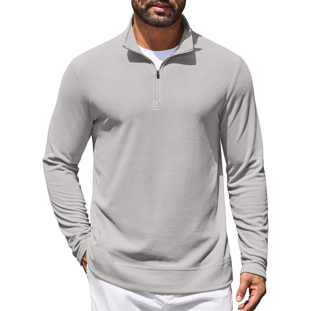 image:imageCOOFANDY Mens Quarter Zip Pullover Lightweight Waffle Mock Neck SweatshirtsLight Grey