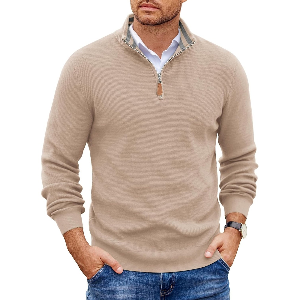 image:imageCOOFANDY Mens Quarter Zip Pullover Sweater Casual Mock Neck Knit PoloApricot