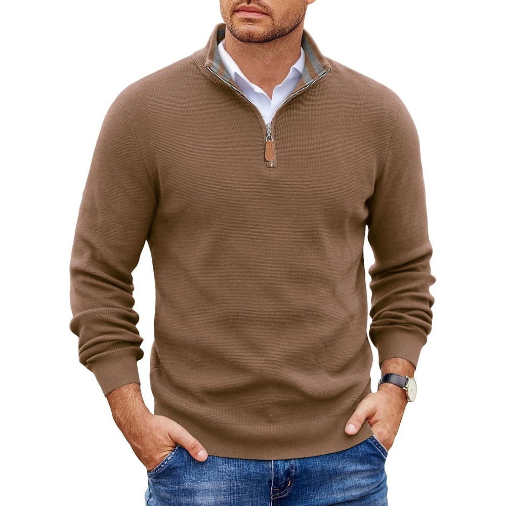 image:imageCOOFANDY Mens Quarter Zip Pullover Sweater Casual Mock Neck Knit PoloAsh Brown