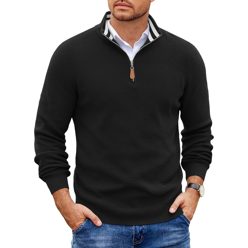image:imageCOOFANDY Mens Quarter Zip Pullover Sweater Casual Mock Neck Knit PoloBlack