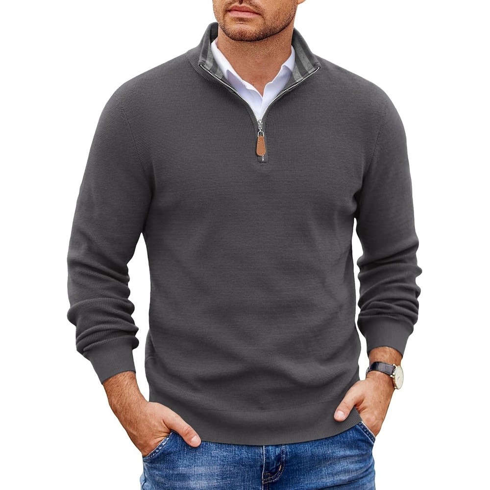 image:imageCOOFANDY Mens Quarter Zip Pullover Sweater Casual Mock Neck Knit PoloDark Gray