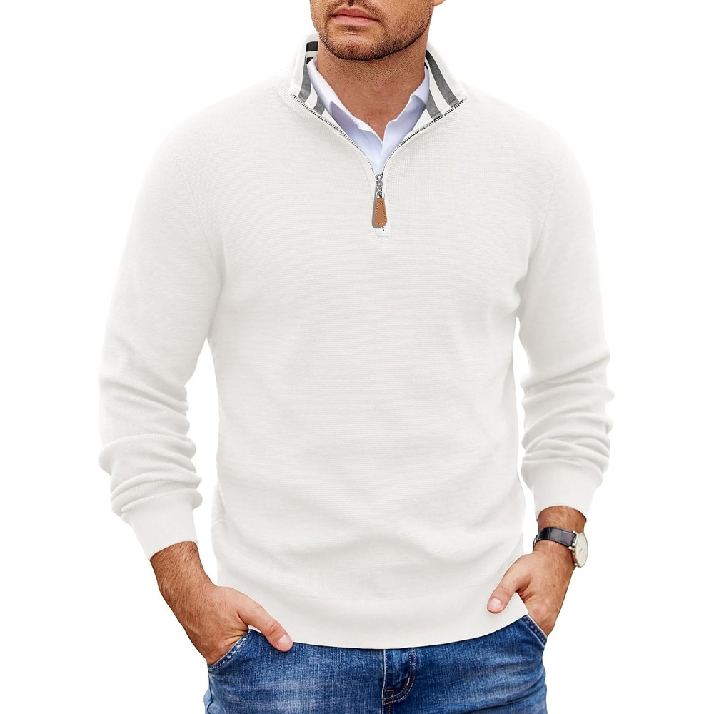 image:imageCOOFANDY Mens Quarter Zip Pullover Sweater Casual Mock Neck Knit PoloWhite