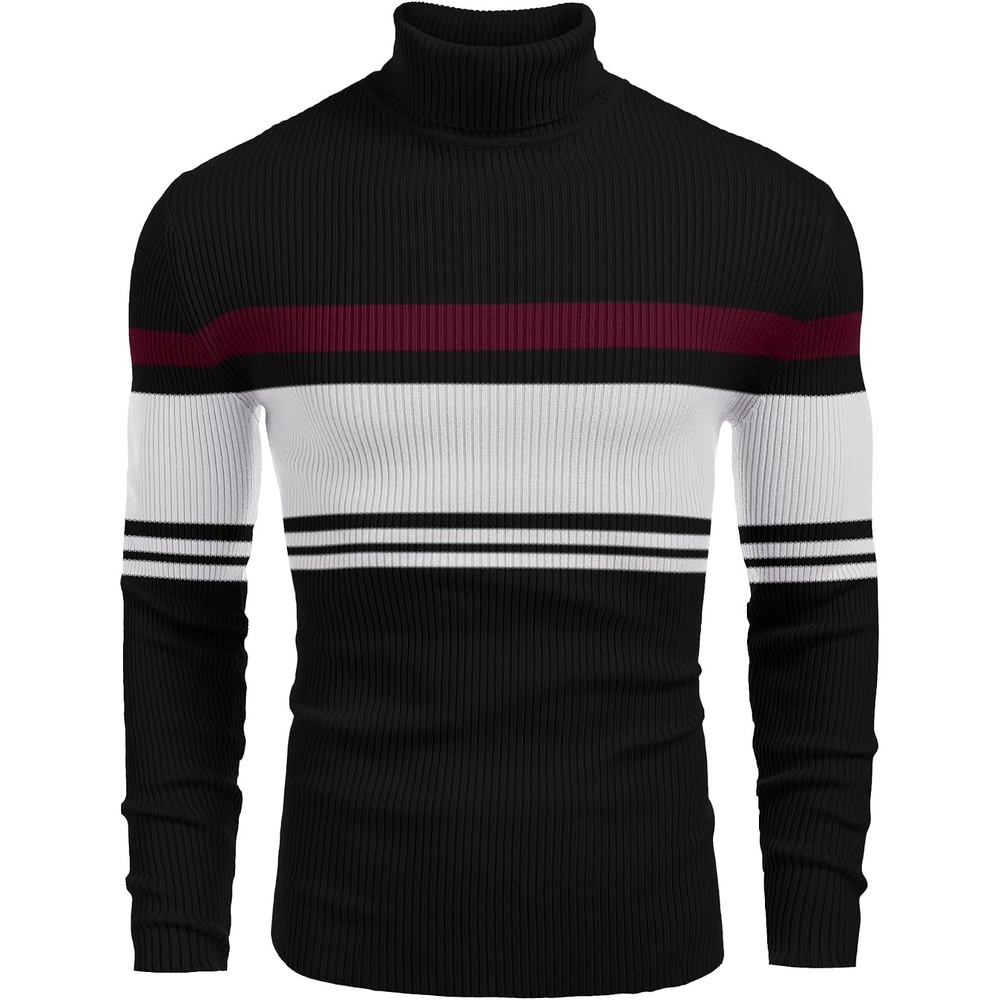 image:imageCOOFANDY Mens Ribbed Slim Fit Knitted Pullover Casual Turtleneck SweaterBlack White Red Striped