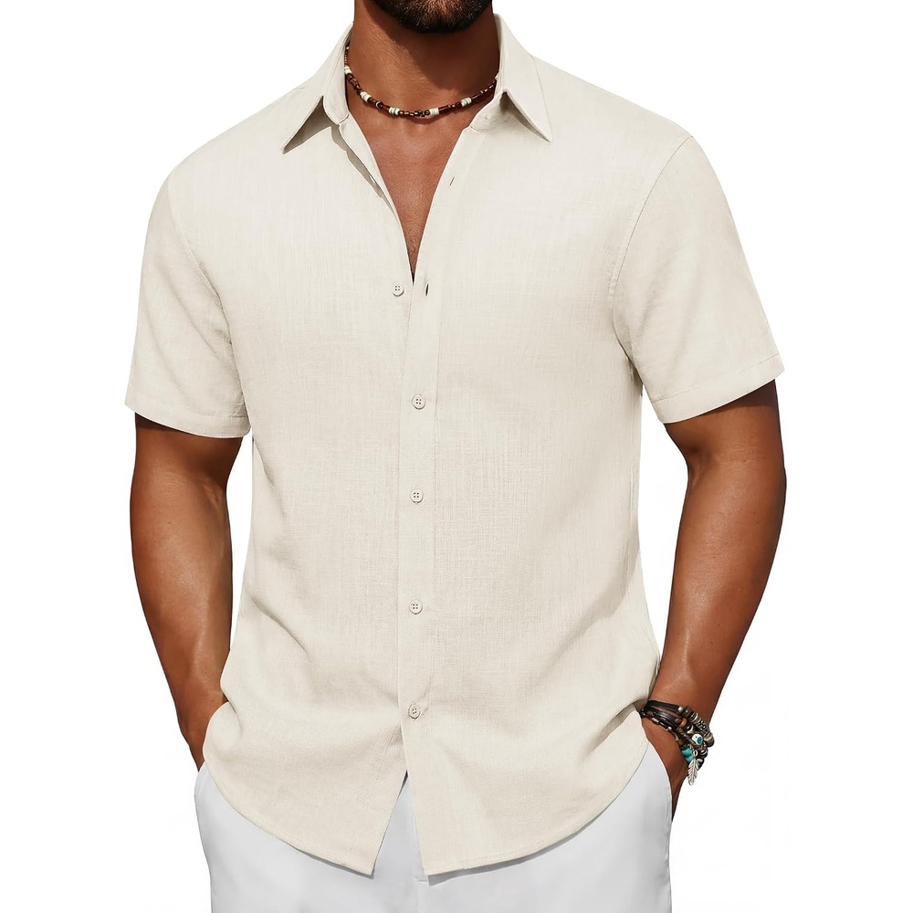 image:imageCOOFANDY Mens Short Sleeve Button Down Shirt Casual Cotton Beach ShirtsBeige