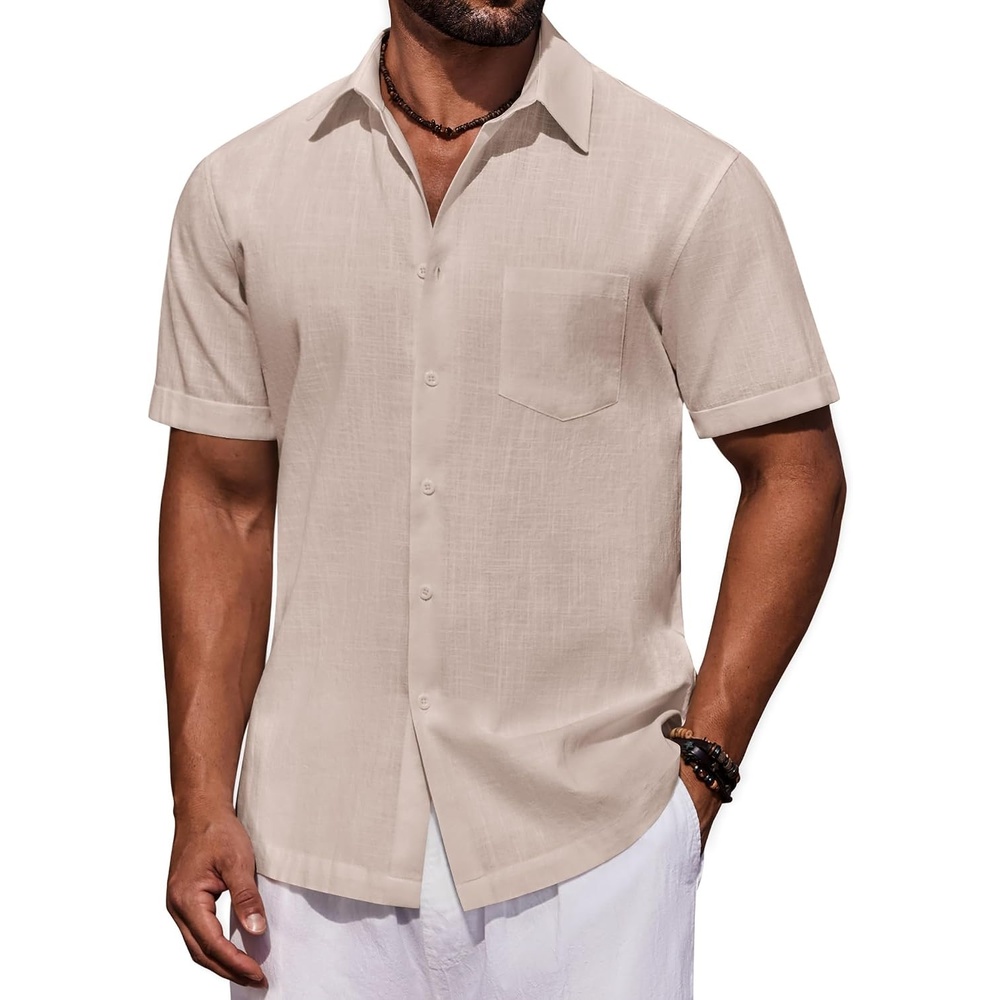 image:imageCOOFANDY Mens Short Sleeve Cotton Button Down Shirts Linen Beach ShirtsKhaki