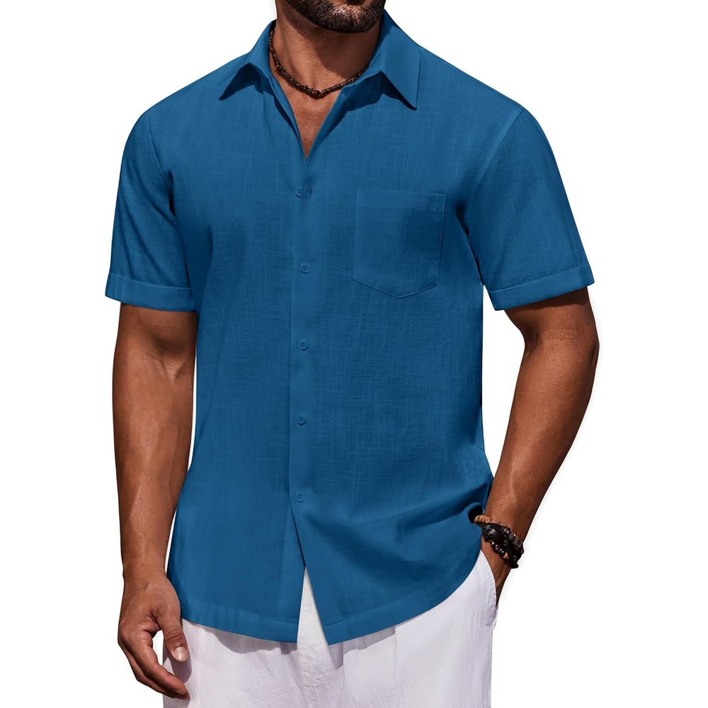 image:imageCOOFANDY Mens Short Sleeve Cotton Button Down Shirts Linen Beach ShirtsSea Blue