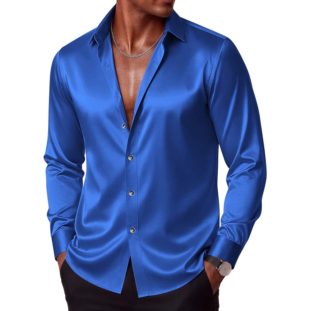 image:imageCOOFANDY Mens Silk Satin Dress Shirts Long Sleeve Shiny Button Down ShirtRoyal Blue