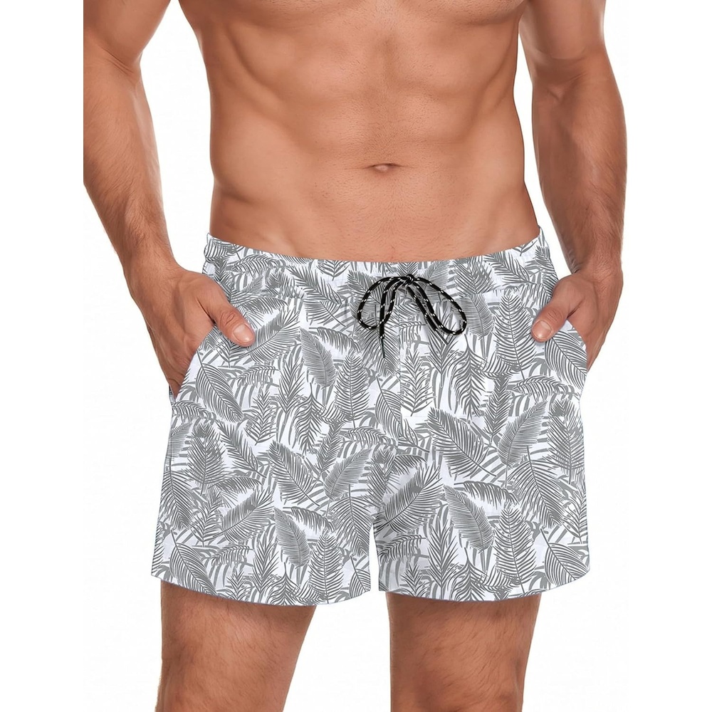 image:imageCOOFANDY Mens Swim Trunks Quick Dry Board Shorts Swimwear Bathing SuitP Grey Blue Plam Leaf