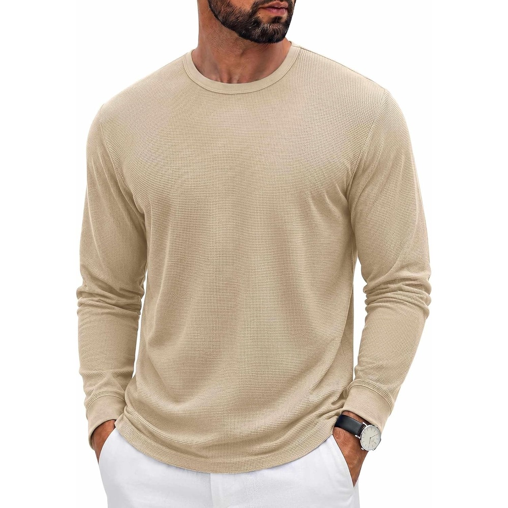 image:imageCOOFANDY Mens Waffle Long Sleeve Shirt Crew Neck Cotton Blend Basic T ShirtBeige