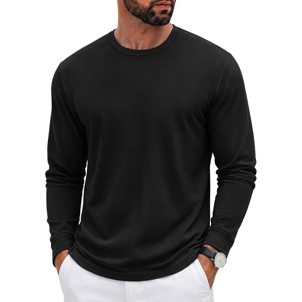 image:imageCOOFANDY Mens Waffle Long Sleeve Shirt Crew Neck Cotton Blend Basic T ShirtBlack