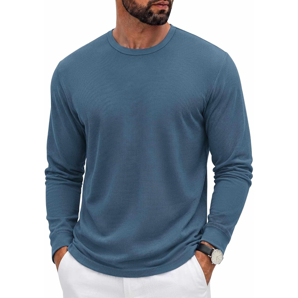 image:imageCOOFANDY Mens Waffle Long Sleeve Shirt Crew Neck Cotton Blend Basic T ShirtIndigo