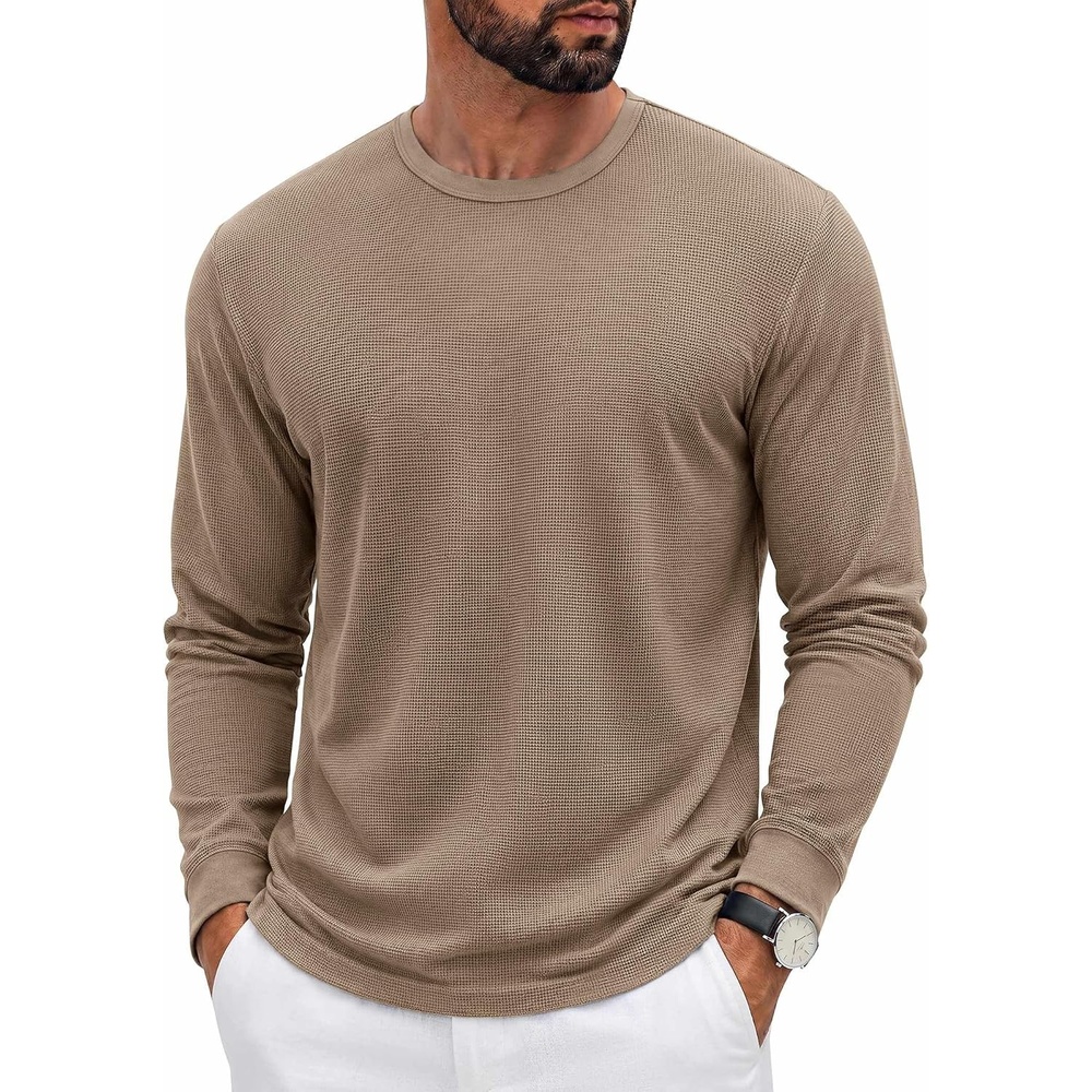 image:imageCOOFANDY Mens Waffle Long Sleeve Shirt Crew Neck Cotton Blend Basic T ShirtKhaki