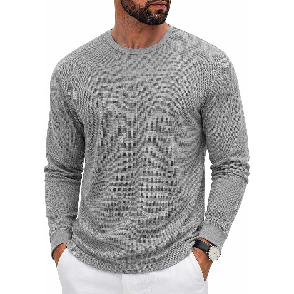 image:imageCOOFANDY Mens Waffle Long Sleeve Shirt Crew Neck Cotton Blend Basic T ShirtLight Gray