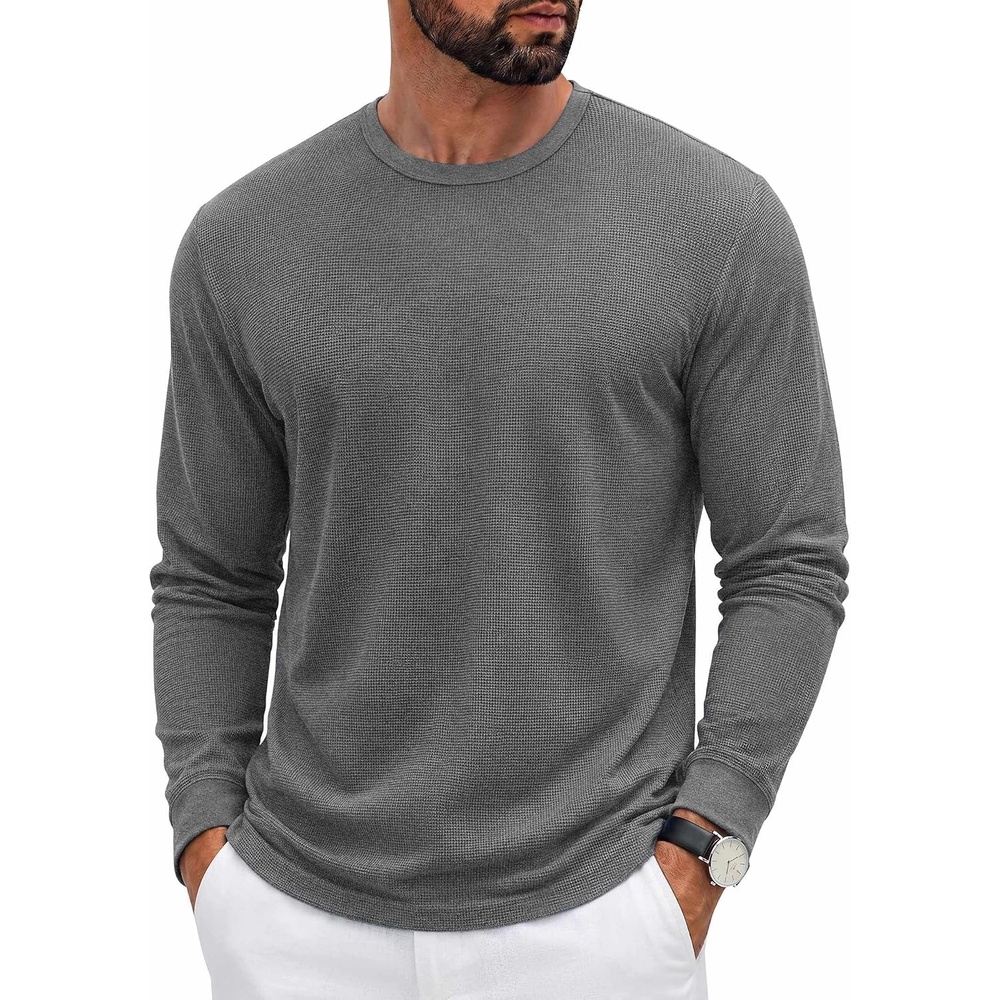image:imageCOOFANDY Mens Waffle Long Sleeve Shirt Crew Neck Cotton Blend Basic T ShirtMedium Gray