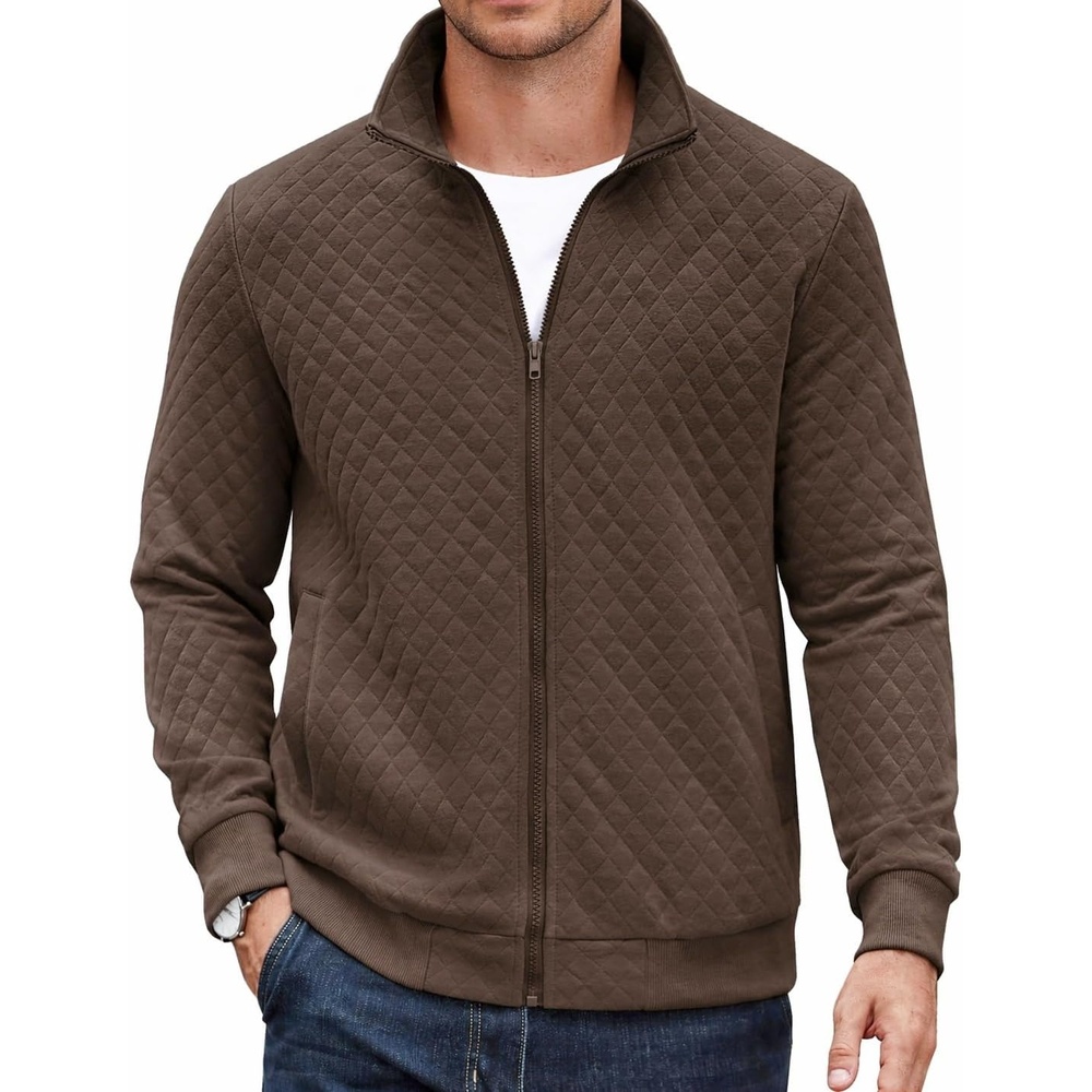image:imageCOOFANDY Mens Zip Up Sweatshirt Quilted Fall Sweater Jackets Casual StylishChocolate Brown