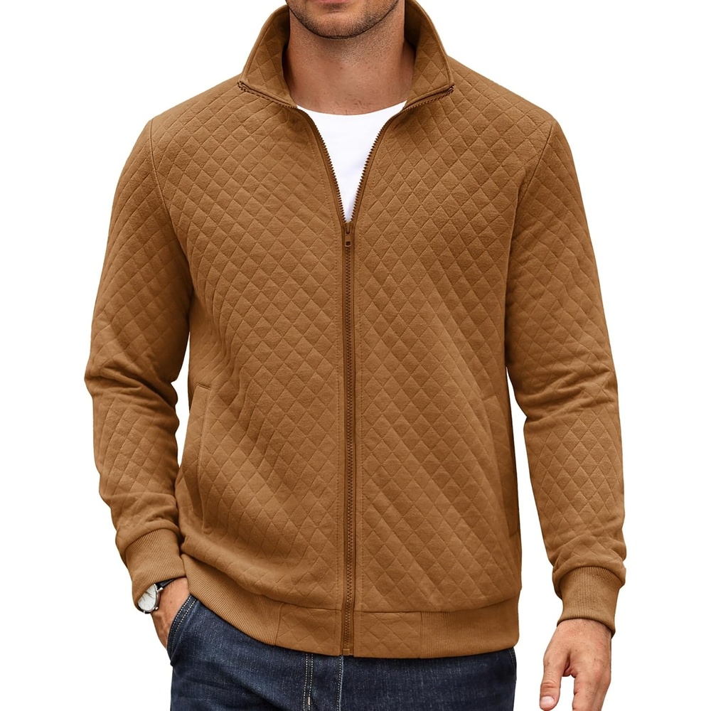 image:imageCOOFANDY Mens Zip Up Sweatshirt Quilted Fall Sweater Jackets Casual StylishLight Brown