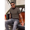 COOFANDY Men’s Mock Turtleneck Sweater Short Sleeve Casual Basic Tops Ribbed Knit Pullover Solid Tee(02 Striped – Brown)