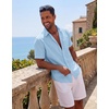 COOFANDY Mens Short Sleeve Cotton Button Down Shirts Linen Beach Shirts(Light Blue)
