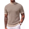 COOFANDY Men’s Mock Turtleneck Sweater Short Sleeve Casual Basic Tops Ribbed Knit Pullover Solid Tee(02 Striped – Beige)