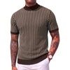 COOFANDY Men’s Mock Turtleneck Sweater Short Sleeve Casual Basic Tops Ribbed Knit Pullover Solid Tee(02 Striped – Brown)