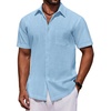 COOFANDY Mens Short Sleeve Cotton Button Down Shirts Linen Beach Shirts(Light Blue)