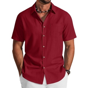 COOFANDY Men’s Button Down Shirt Short Sleeve Cotton Casual Summer Shirts Beach Vacation Linen Shirts for Men(Red)