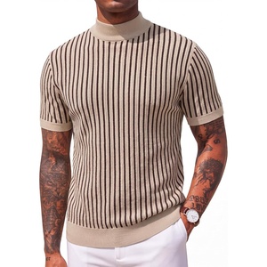 COOFANDY Men’s Mock Turtleneck Sweater Short Sleeve Casual Basic Tops Ribbed Knit Pullover Solid Tee(02 Striped – Beige)