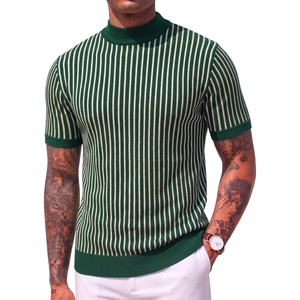 COOFANDY Men’s Mock Turtleneck Sweater Short Sleeve Casual Basic Tops Ribbed Knit Pullover Solid Tee(02 Striped – Black)