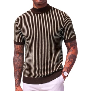 COOFANDY Men’s Mock Turtleneck Sweater Short Sleeve Casual Basic Tops Ribbed Knit Pullover Solid Tee(02 Striped – Brown)