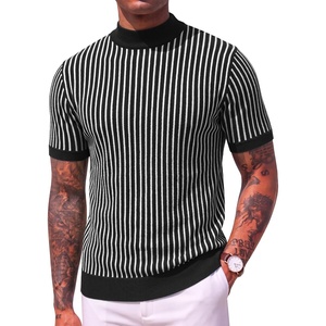 COOFANDY Men’s Mock Turtleneck Sweater Short Sleeve Casual Basic Tops Ribbed Knit Pullover Solid Tee(02 Striped – Green)