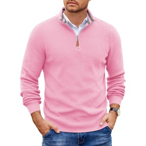 COOFANDY Mens Quarter Zip Pullover Sweater Casual Mock Neck Knit Polo(Pink)